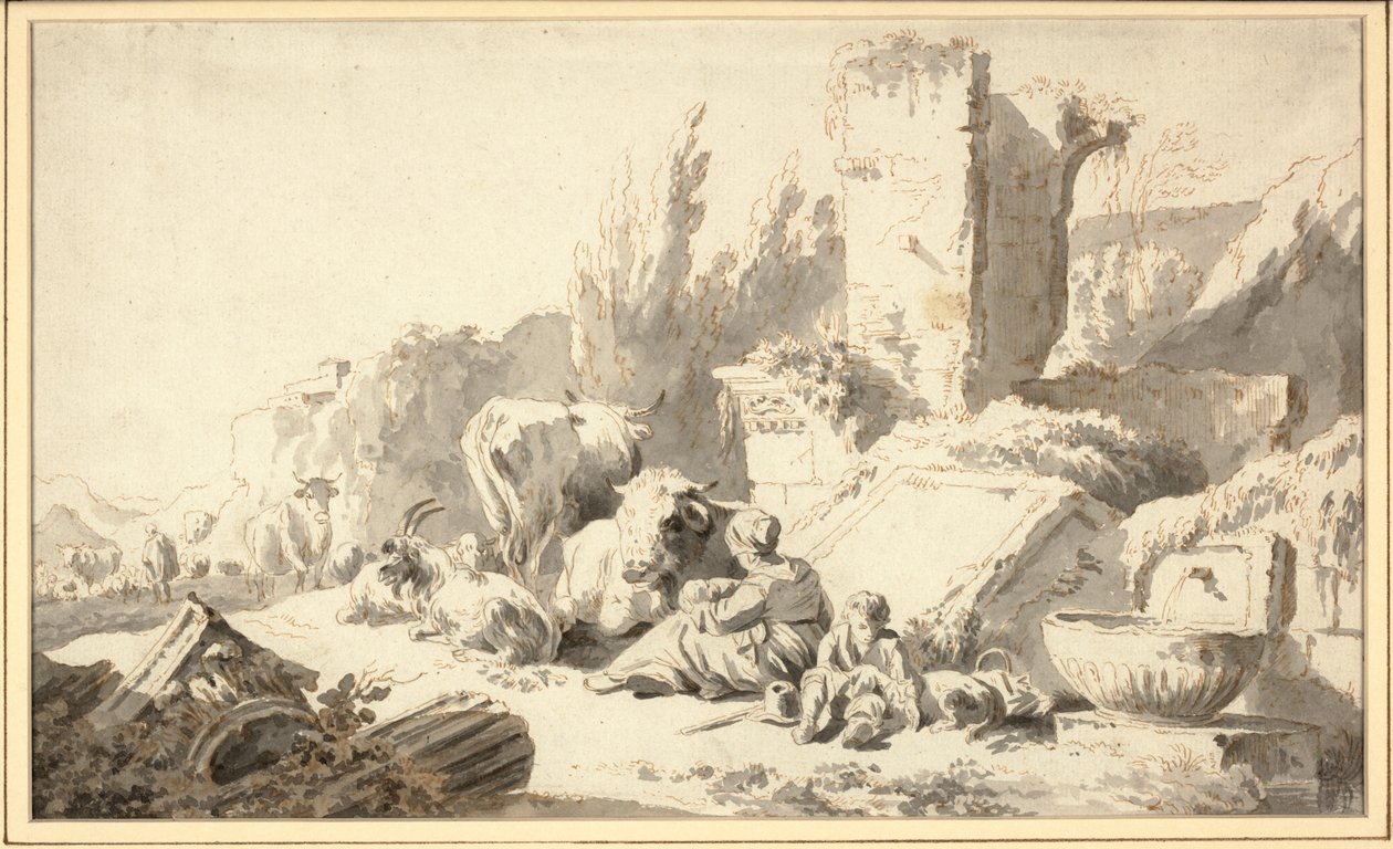 Klasik harabelerin yanında ailesi ve sığırlarıyla bir çoban by Johann Heinrich Roos