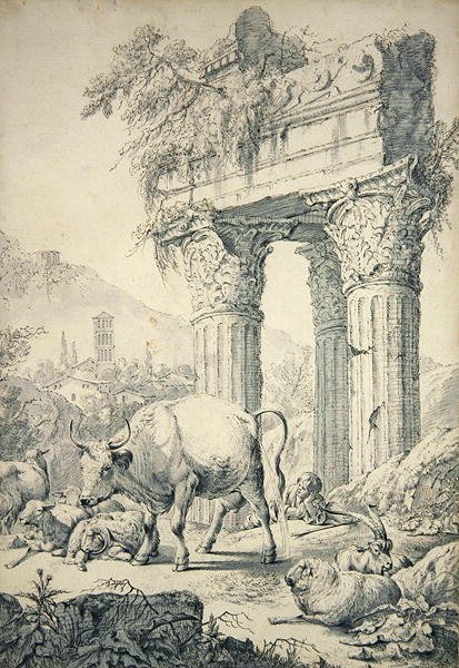 Campagnian manzarasında inek (grafit ve kağıt üzerinde kalem) by Johann Heinrich Roos