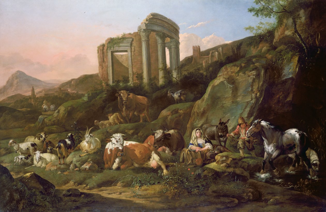 Klasik bir manzarada çiftlik hayvanları, 1684 by Johann Heinrich Roos