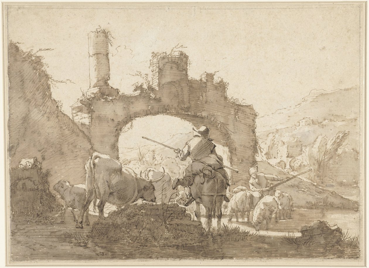 İki Çoban Sığırlarını Nehirden Geçiriyor by Johann Heinrich Roos
