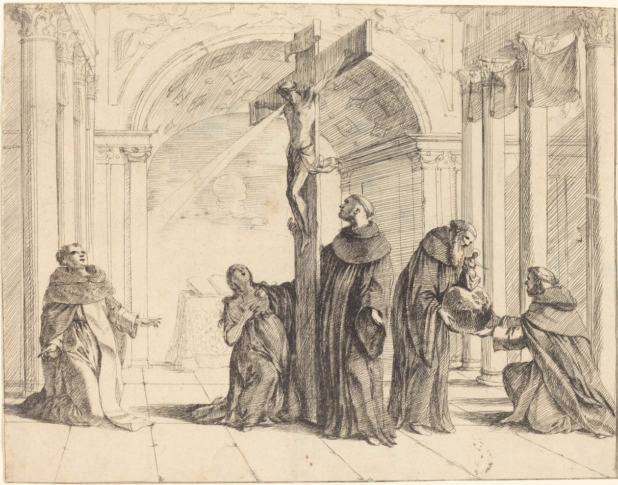 Aziz Thomas Aquinas, Mary Magdalene, Albertus Magnus ve Diğerleri ile Kilisede Bir Haç by Johann Heinrich Schönfeld