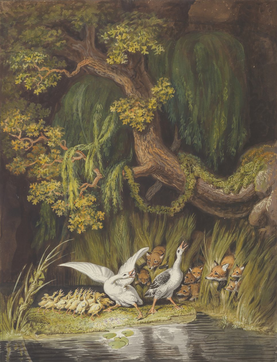 İki Tilki Olarak Alarmda Korna Çalan Goslings ile Bir Kaz ve Bir Gander..., 18. yüzyılın ortası ve 19. yüzyılın başı. by Johann Heinrich Wilhelm Tischbein