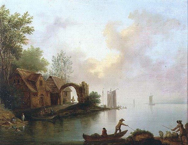 Kayıkçılar ile ormanlık nehir manzarası by Johann Heinrich Wust