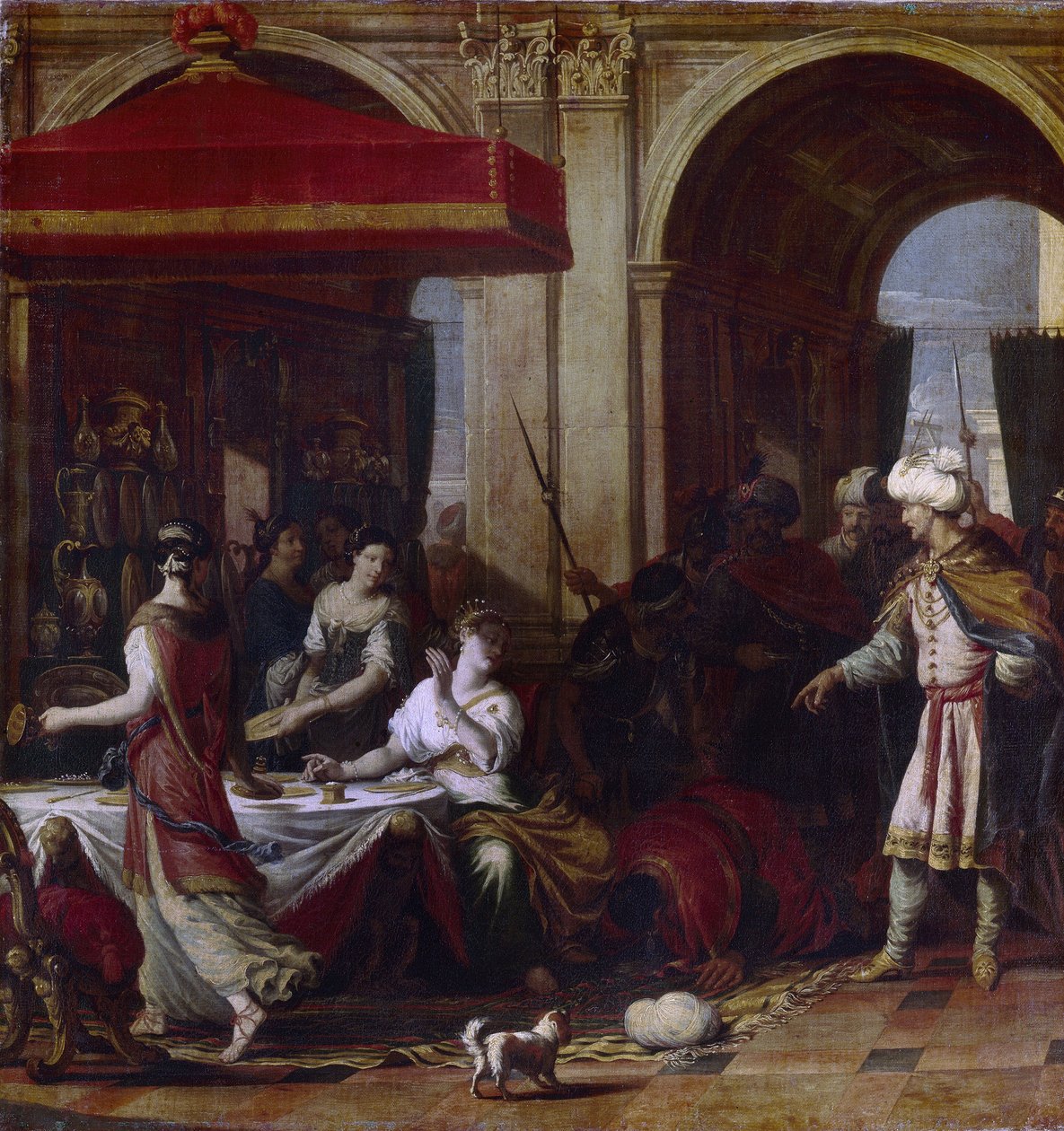 Ester'in Ziyafeti (Ester Bayramı). Pers kralı Assuerus'un karısı Esther (Hadassah bat Avihail) (Xerxes I, MÖ 519-465), krallığın Yahudilerinin vezir Haman tarafından yok edilmesi kararının ardından, iki adamı bir ziyafete davet etti. by Johann Heiss
