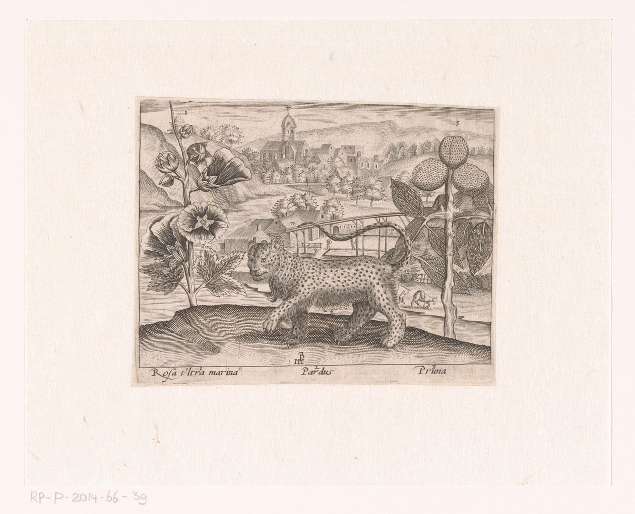 Bir Manzarada Çiçekler ve Hayvanlar ile Baskı Serisi Gülhatmi, leopar ve erik ağacı ile manzara Hayvanlar, bitkiler ve çiçeklerle dolu manzaralar (dizi başlığı) by Johann Hogenberg
