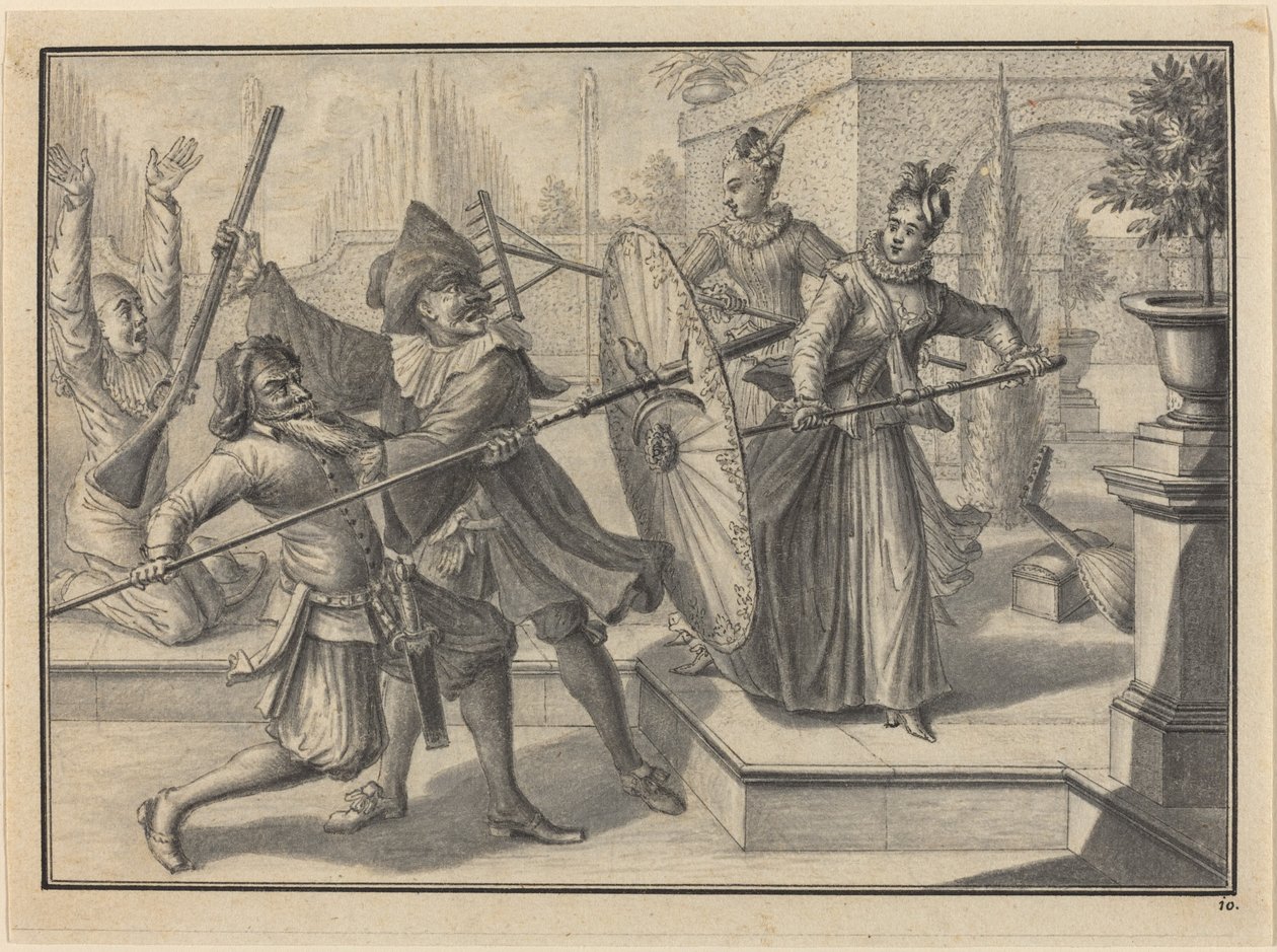 Pantaloon ve Doktor, Bahçede Columbine ve Brigatella ile Dövüşüyor by Johann Jacob Schubler