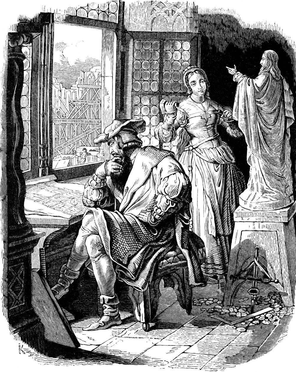 Mimar Erwin von Steinbach, kızı Sabina ile birlikte Alman halkının tarihinden İllüstrasyon, E. Duller, 1840 by Johann Jakob Kirchhoff