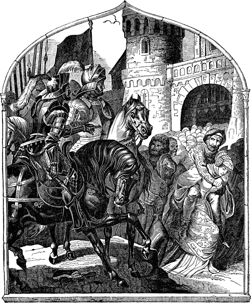 Weinsberg kalesinin kuşatması ve sadık kadınlar 1140 Alman halkının tarihinden bir çizim, E. Duller, 1840 by Johann Jakob Kirchhoff