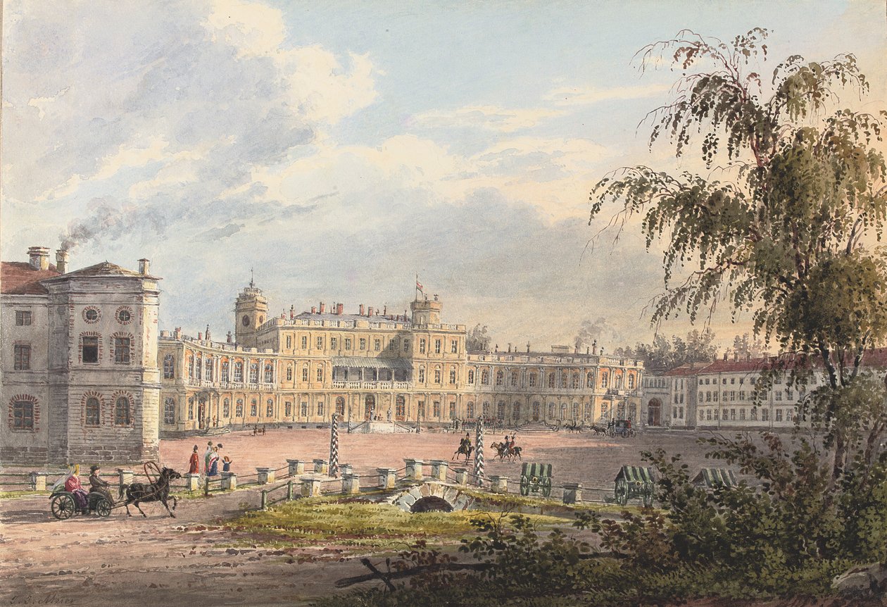 İmparatorluk Sarayı, Gatchina (kağıt üzerinde beyaz ve arap zamkı ile güçlendirilmiş kurşun kalem ve suluboya) by Johann Jakob Meier
