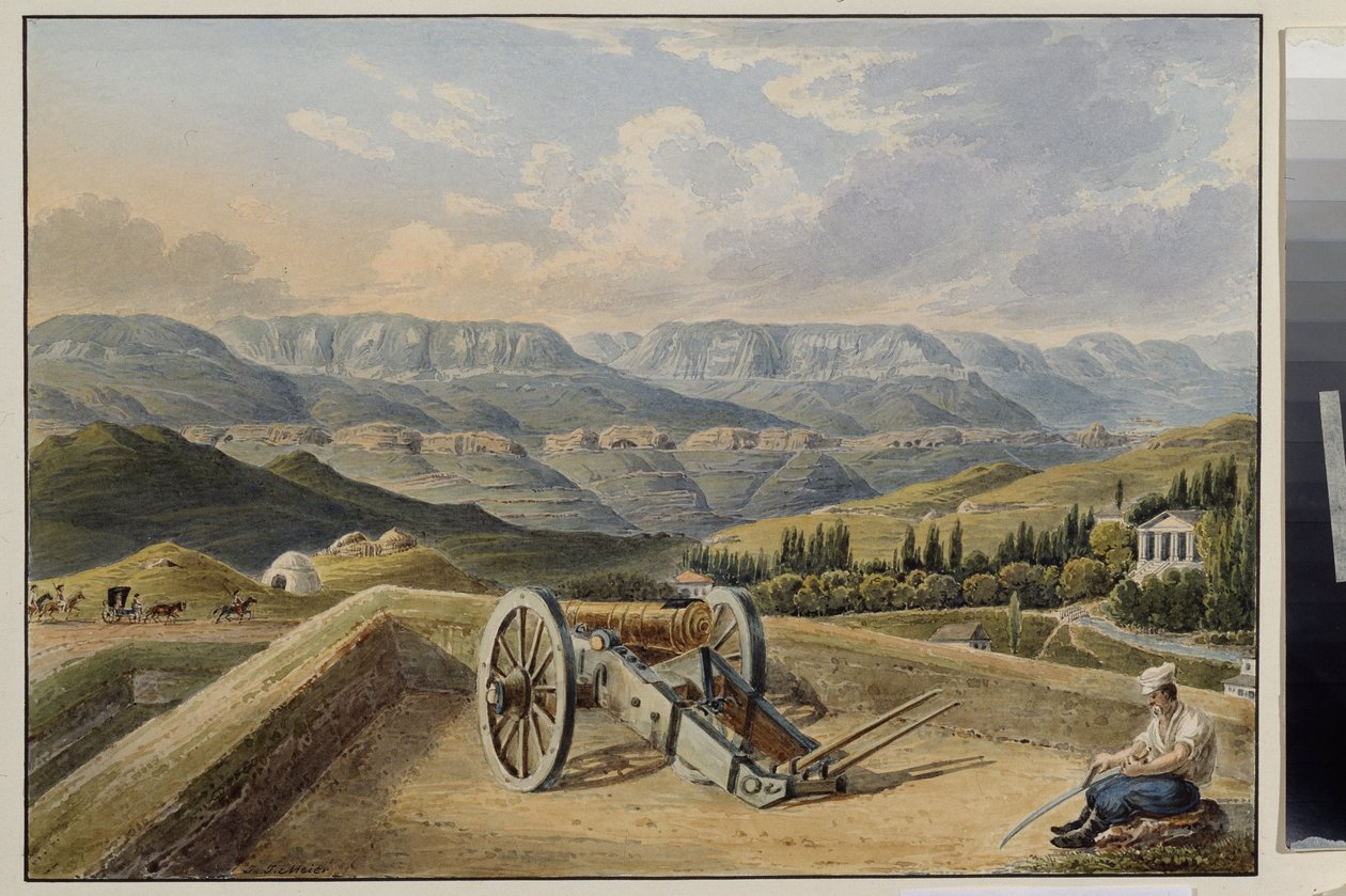 Kislovodsk Kalesi (Kuzey Kafkasya). Dağlarda pil. Kislovodsk Kalesi. Dağlarda Pil. Johann Jakob Meier (1787-1858), kağıt üzerine suluboya, 1843 civarı. 19. yüzyıl Alman sanatı. Devlet A. Puşkin Güzel Müzesi by Johann Jakob Meyer
