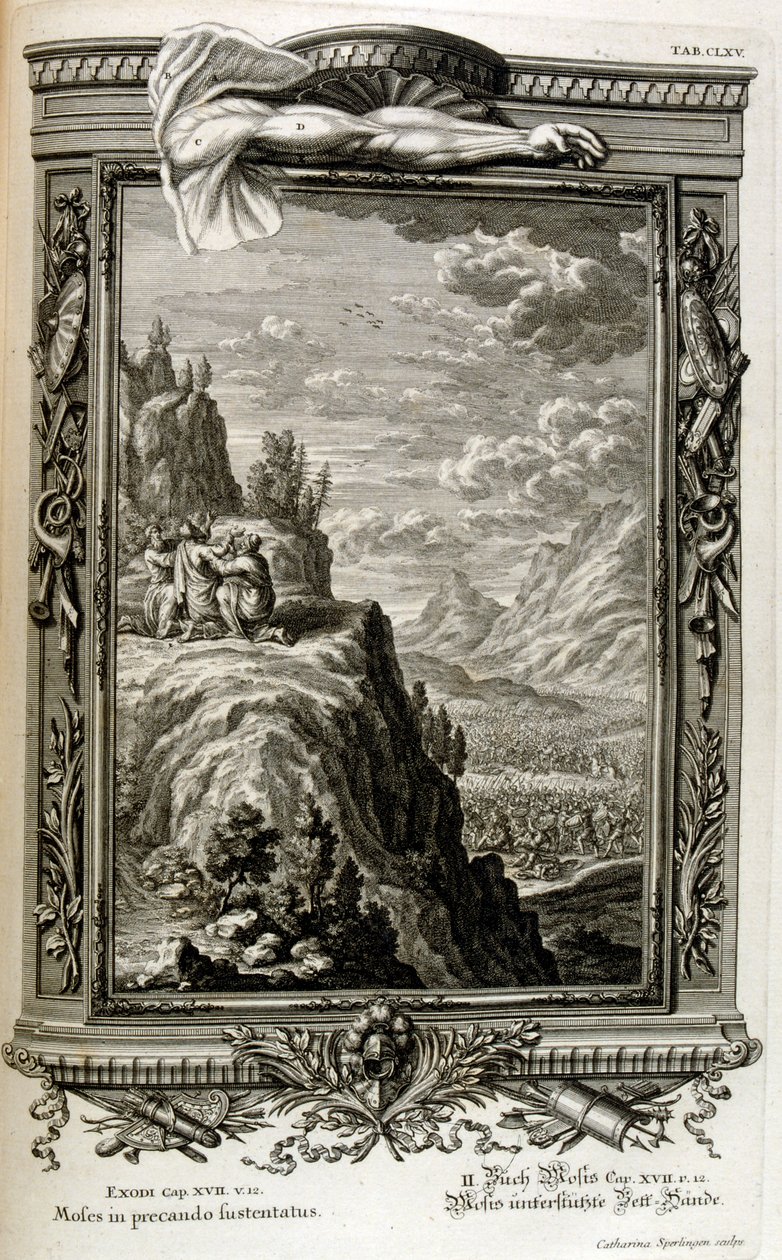 Harun ve Hur, İsrailoğulları Sina'ya kaçtığında, Mısır'dan Çıkış Musa'nın Sina'daki elini destekliyor by Johann Jakob Scheuchzer