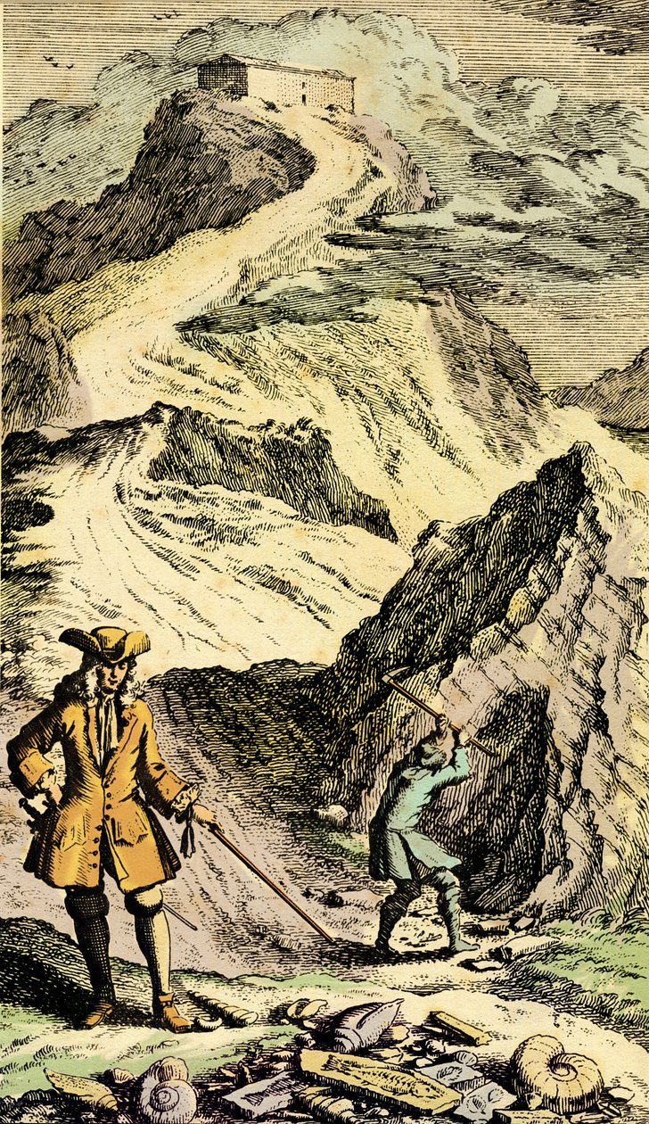Paleontoloji: İsviçreli doğa bilimci Johann Jakob Scheuchzer (1672-1733), İsviçre dağlarında fosiller sayesinde Evrensel Tufan'ın izlerini keşfetti. “Museum Diluvianum”dan gravür by Johann Jakob Scheuchzer