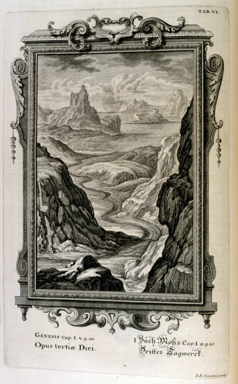 Genesis yaratılış anlatısı hem Yahudiliğin hem de Hıristiyanlığın yaratılış mitidir. Yaratılışın Üçüncü Günü: Denizler yaratıldı by Johann Jakob Scheuchzer