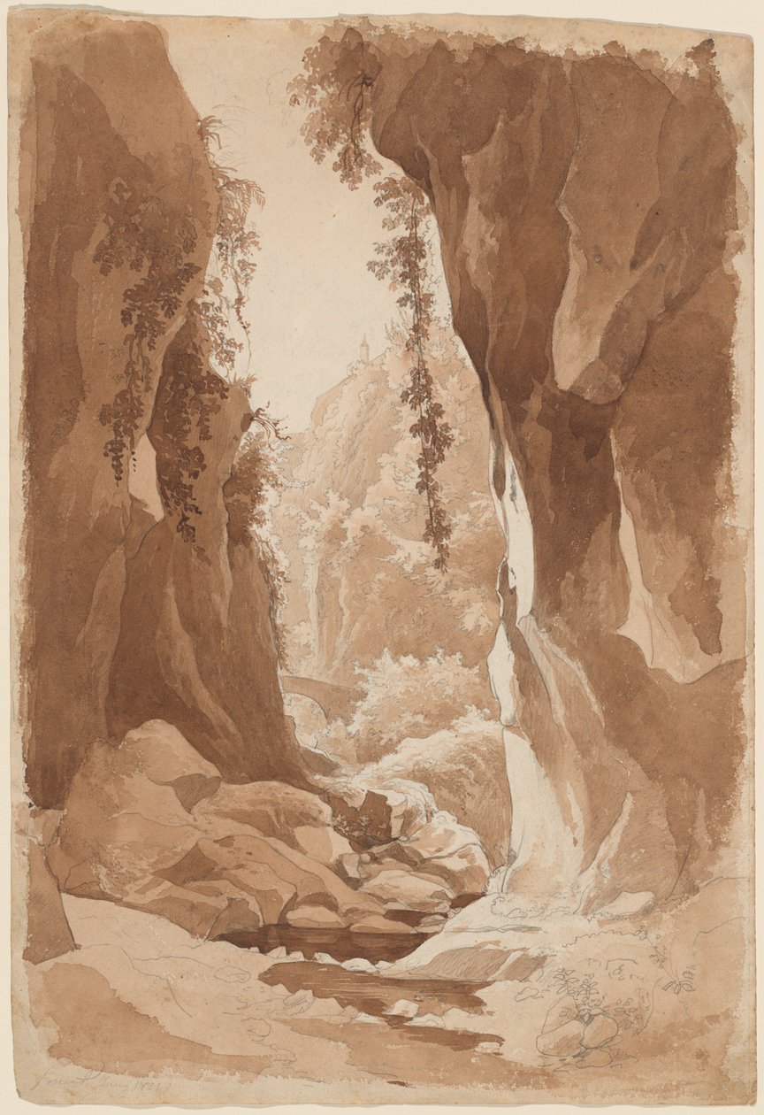 Sorrento (recto) yakınlarındaki bir Nehir Geçidi üzerinde Sarkan Kayalıklar by Johann Joachim Faber