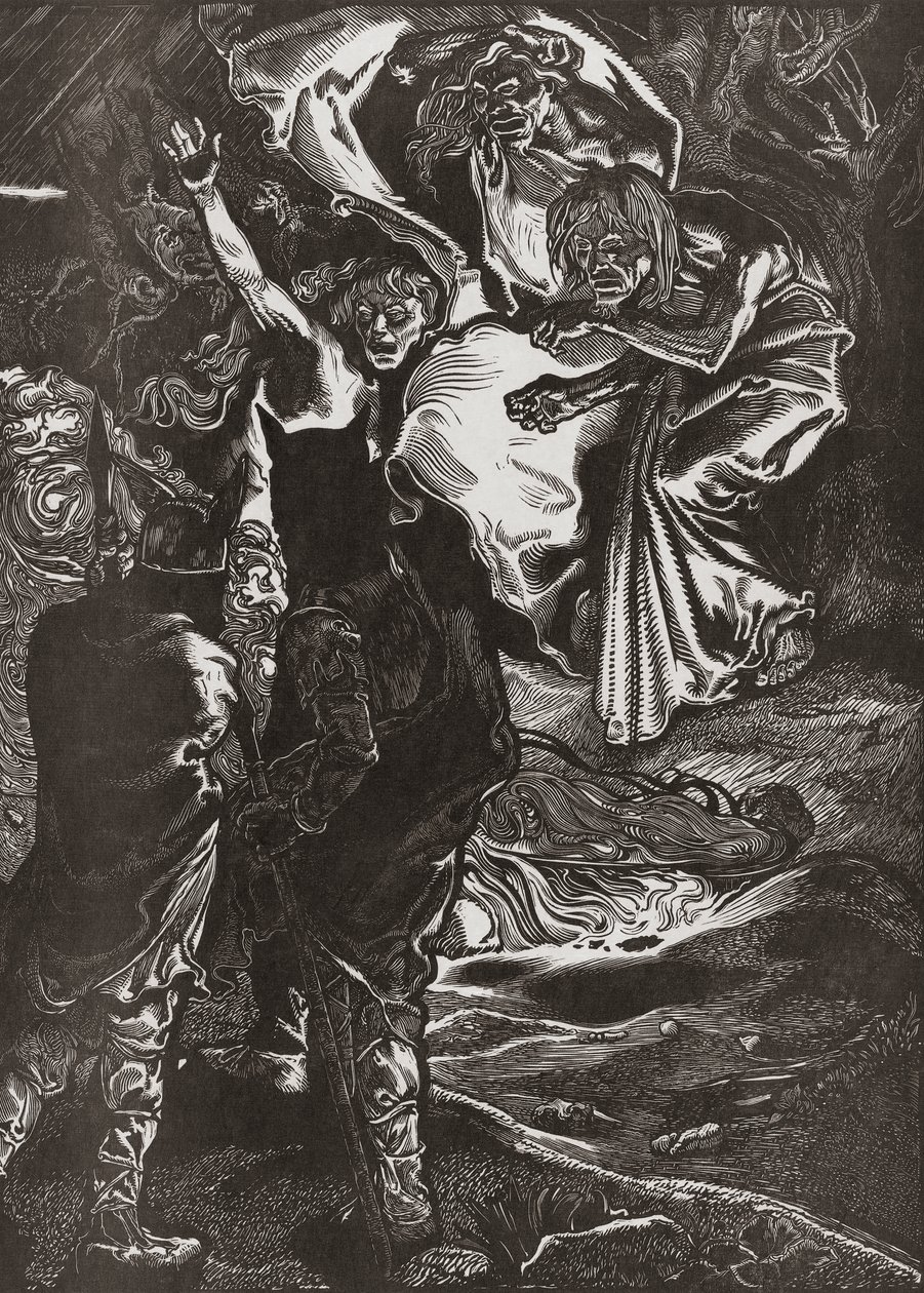 Macbeth ve Banquo üç cadıyla tanışıyor, 20. yüzyıl (gravür) by Johann Joseph Aarts