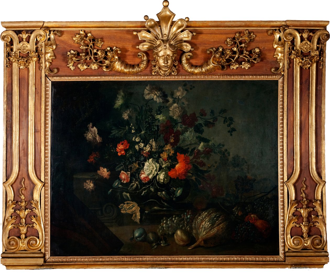 Üzüm, kabak ve nar ile çiçek natürmort by Johann Kunstner