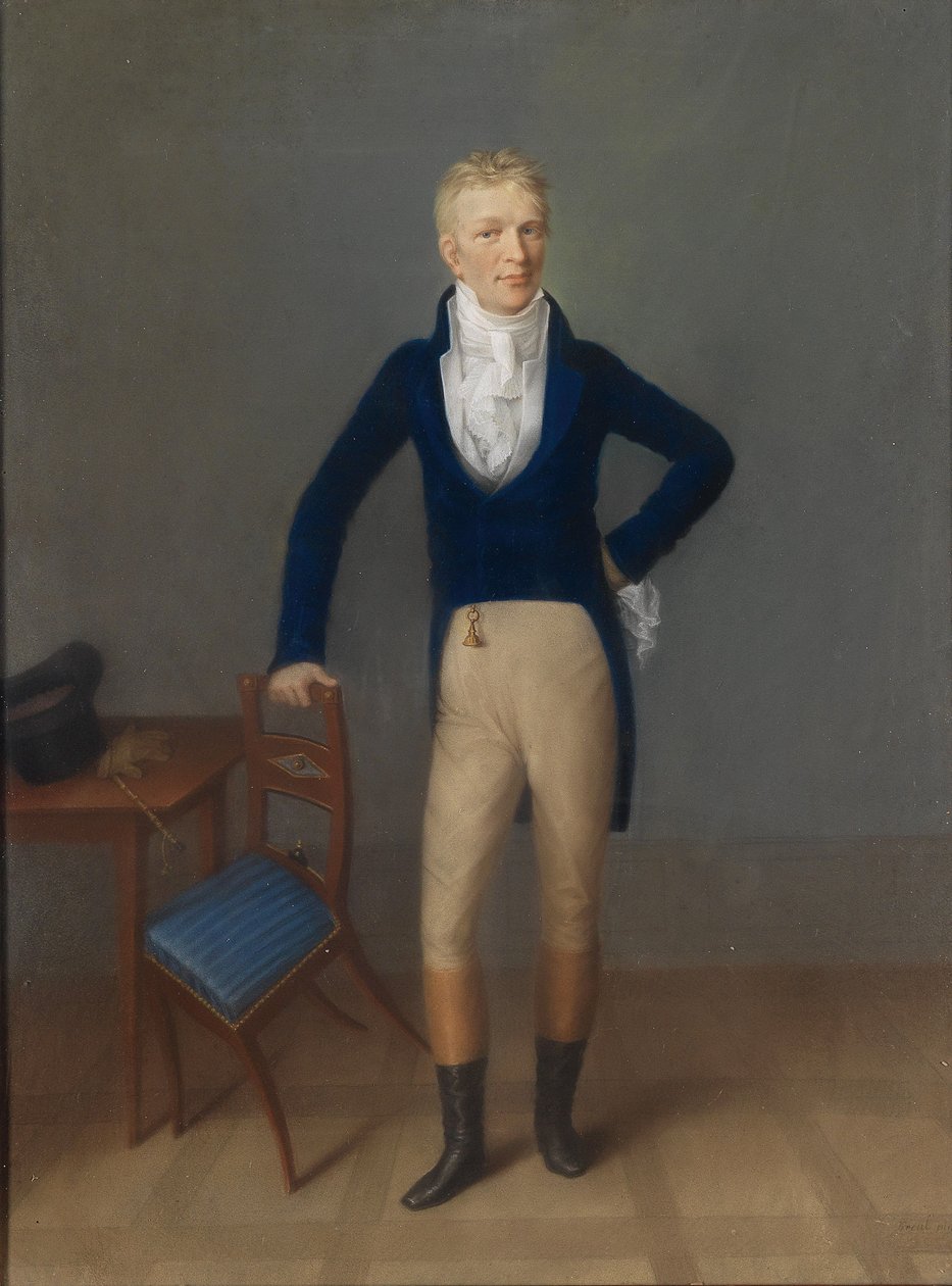 Bir sandalyenin arkasına yaslanmış, kostüm giymiş sarı saçlı bir beyefendinin tam boy portresi by Johann Lorenz Kreul