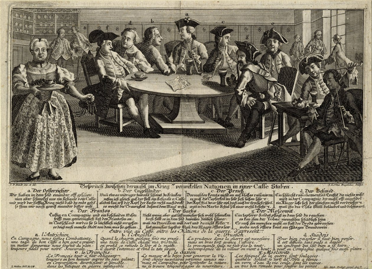 Bir kafede savaşa katılan 7 ulus arasındaki konuşma, 1757 by Johann Lorenz Rugendas the Elder