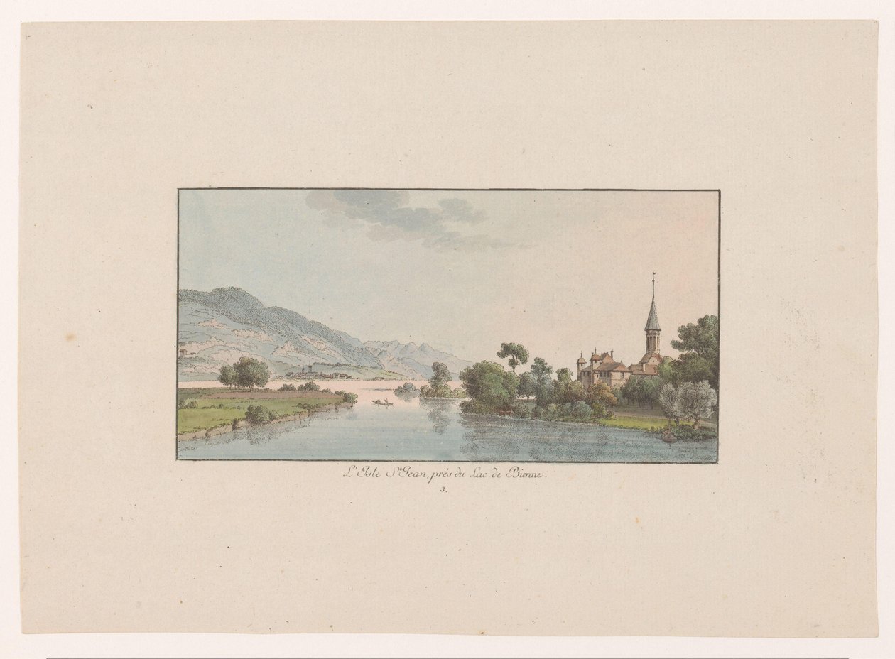 Bielersee L'Isle St.'deki Saint-Jean Adası'nın görünümü Jean prés du Lac de Bienne (nesne üzerindeki başlık) Gezichten op Zwitserland (dizi başlığı) Koleksiyon de quelques vues dessinées en Suisse d'après nature (dizi başlığı) by Johann Ludwig Aberli