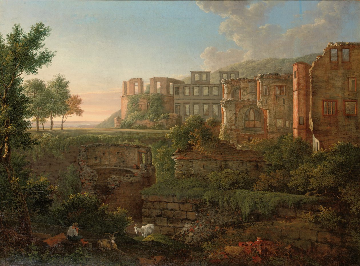 Heidelberg Kalesi kalıntılarının Capriccio görünümü by Johann Martin von Rohden