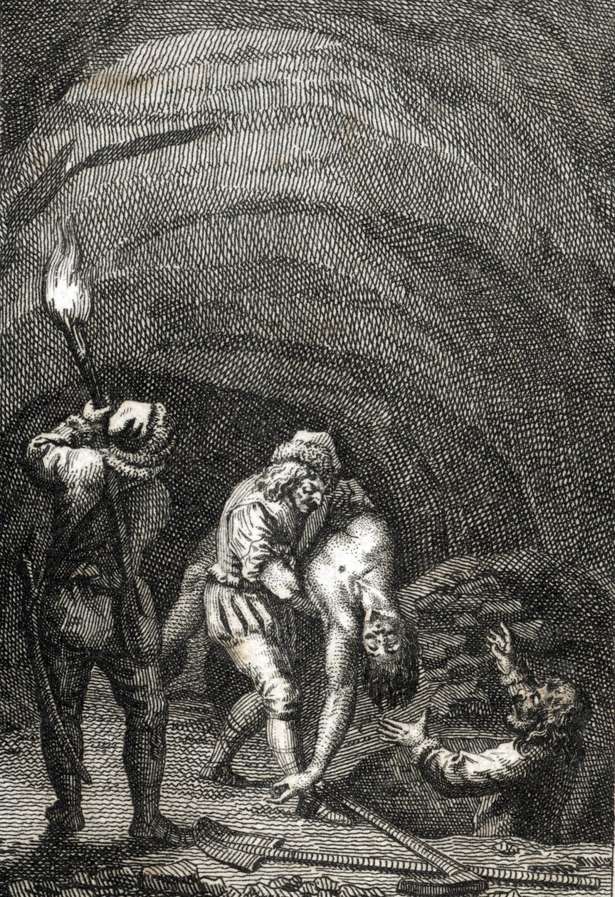 Hollandalı William II'nin ölümü, onu gizlice bir evin zemininin altına gömen Frizyalılar tarafından öldürüldü. Gravür Johann Michael Mettenleiter (1765-1853) 1800 Özel koleksiyon by Johann Michael Mettenleiter