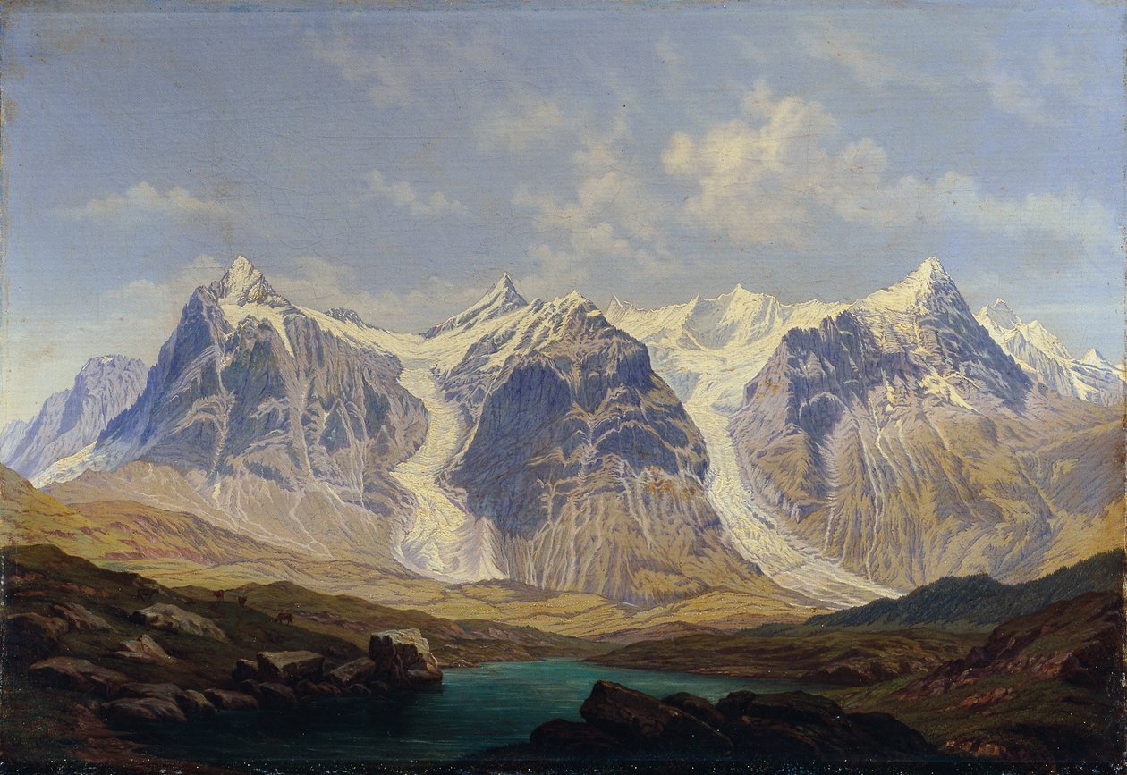 Wetterhorn, Mettenberg ve Eiger, arada iki Grindelwald buzuluyla by Johann Michael Sattler