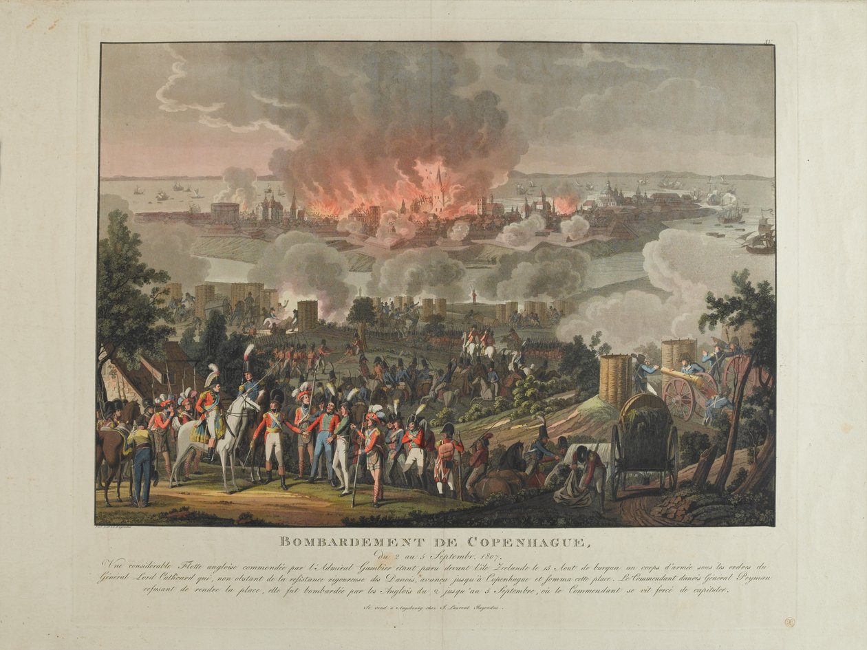 Kopenhag bombardımanı, 2-5 Eylül 1807, J. Laurent Rugendas tarafından ve sonrasında renklendirilmiş aquatint, J. Laurent Rugendas tarafından yayımlandı, Augsburg, 1807 by Johann Moritz Rugendas