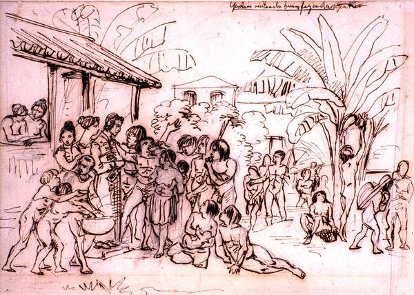 Bir mülkü ziyaret eden Kızılderililer, Brezilya, 1825 dolayları (kalem üzerine kalem ve kahverengi mürekkep) by Johann Moritz Rugendas