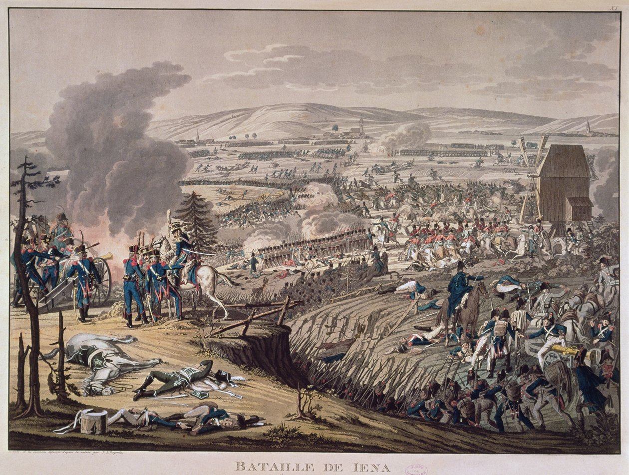Jena Savaşı, arka planda Klein-Romstedt, Hermstedt ve Stobra köyleri (aquatint) by Johann Moritz Rugendas
