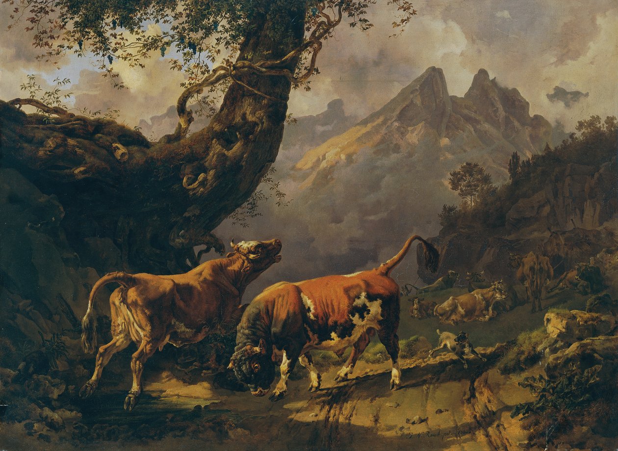 Carrara yakınlarındaki arka planda bir ineği kovalayan boğa by Johann Nepomuk Rauch