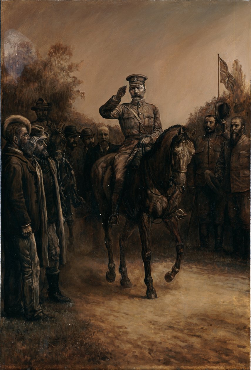 General Lord Kitchener şapkalarını çıkaran Boer liderlerinin yanından geçerken selam veriyor, 1902 by Johann Nepomuk Schonberg