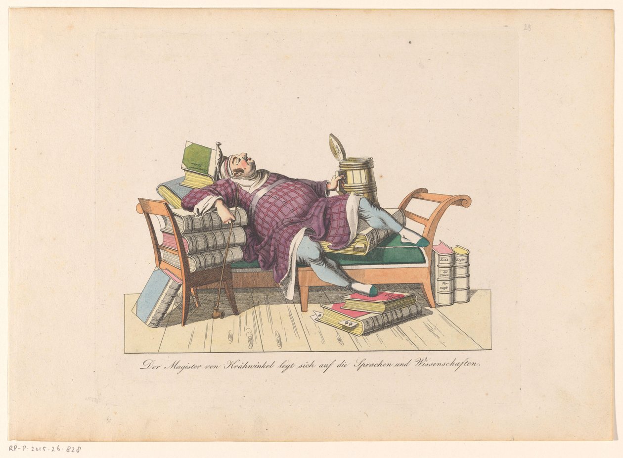 Leraar van Krähwinkel liggend op een kanepe bir araya geldi boeken Magister von Krähwinkel diller ve bilimler üzerine yatıyor (nesnenin başlığı) by Johann Nussbiegel (possibly)