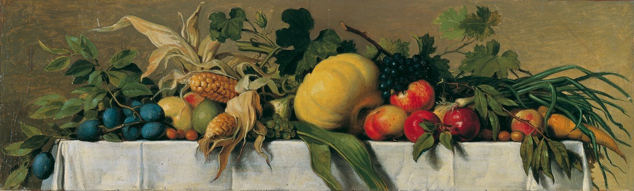 Beyaz masa örtüsü üzerinde meyve ve sebze ile natürmort by Johann Peter Krafft