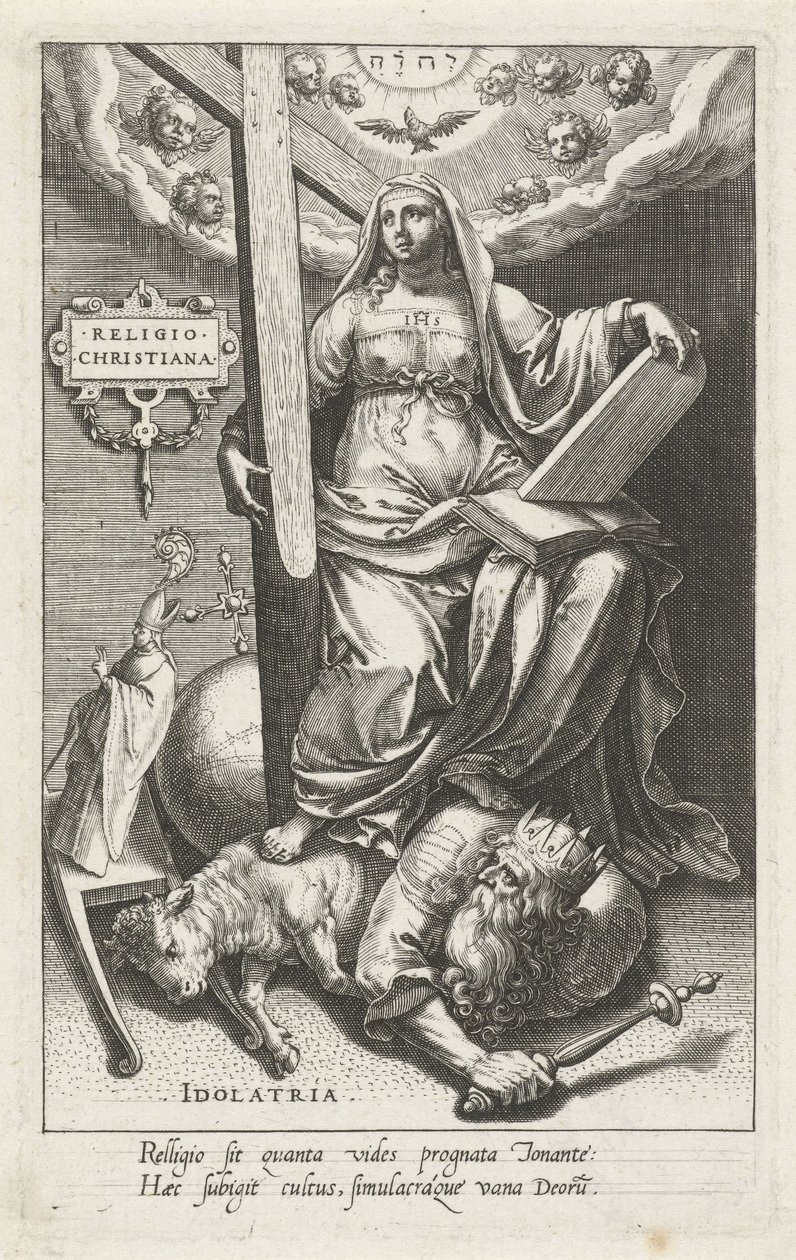 Hristiyan Dini (Religio Christiana) Putperestliğin Üstesinden Geliyor (Idolatria) Din Christiana (nesne üzerindeki başlık) Erdemler kötülükleri yener (dizi başlığı) by Johann Sadeler (I)