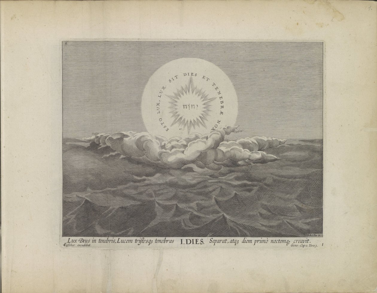 Eerste scheppingsdag: scheiding van licht en duisternis Schepping van de Weld (dizi adı) İncil Tiyatrosu Bu, Aeneid Tablolarında çoğaltılan Eski ve Yeni Ahitlerin Kutsal Tarihidir (dizi adı) by Johann Sadeler (I)