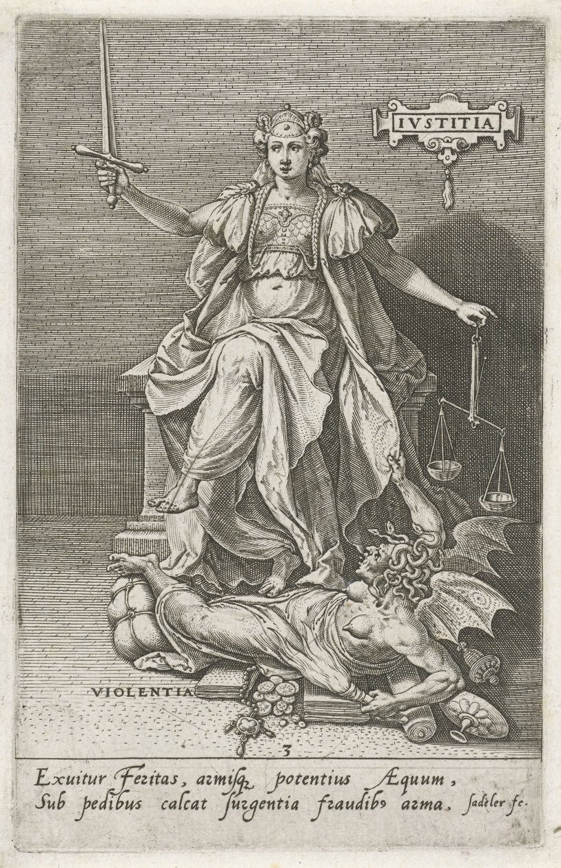 Adalet (Justitia) Şiddeti Aşar (Violentia) Adalet (nesne üzerindeki başlık) Erdemler kötülükleri yener (dizi başlığı) by Johann Sadeler (I)
