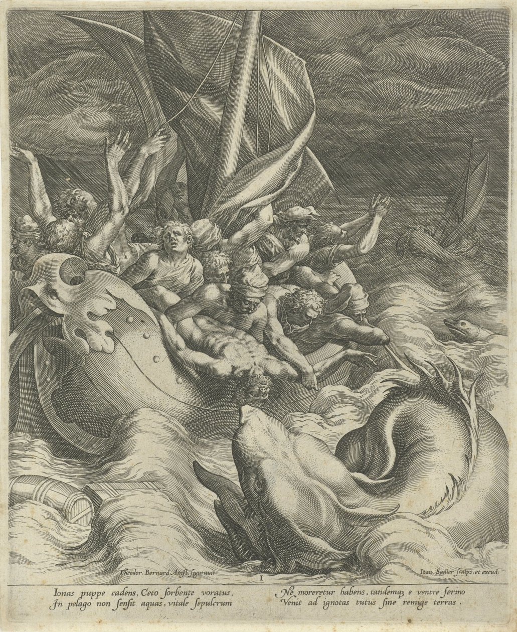 Jonah, balıkçılar Jonah ve balina tarafından, Mesih'in gömülmesinin bir ön şekli olarak denize atıldı (dizi adı) by Johann Sadeler (I)