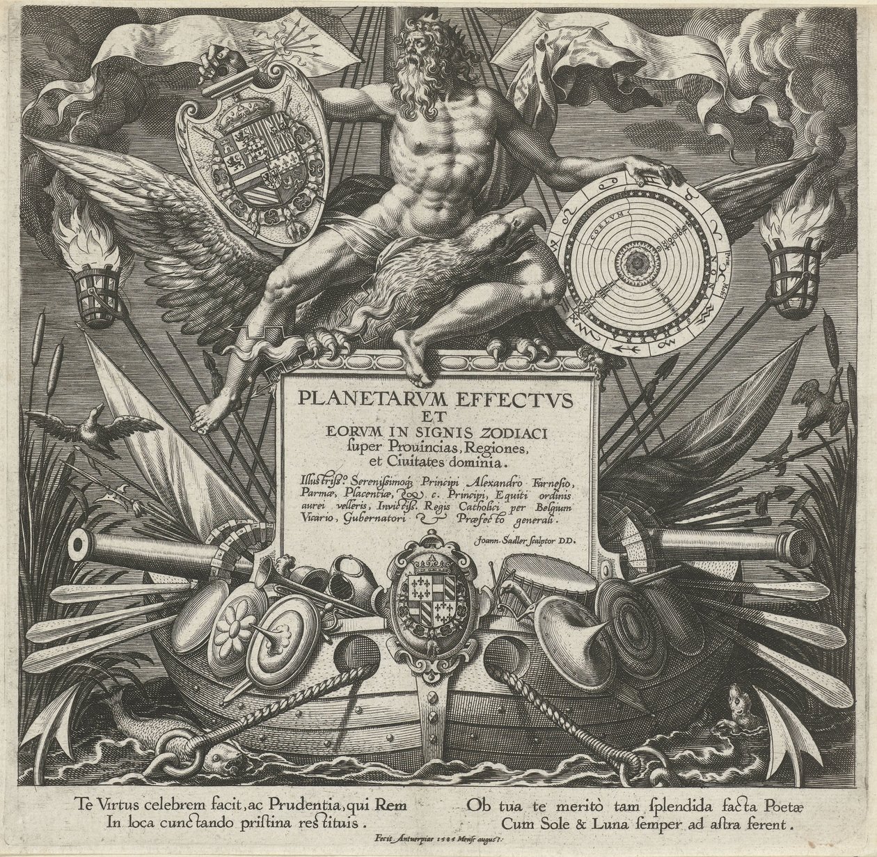 Jüpiter en een oorlogsschip bir araya geldi het wapen van Alessandro Farnese Titelprent van een prentserie üzerinde de invloed van de planeten üzerinde streken üzerinde Gezegenler ve burçlar üzerindeki etkileri (dizi adı) Zodyak burçlarında gezegenlerin ve by Johann Sadeler (I)