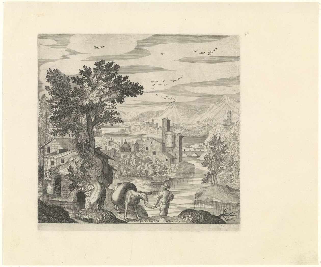 Bir çiftçi ve eşeği ile manzara İtalyan manzaraları (dizi başlığı) by Johann Sadeler (I)