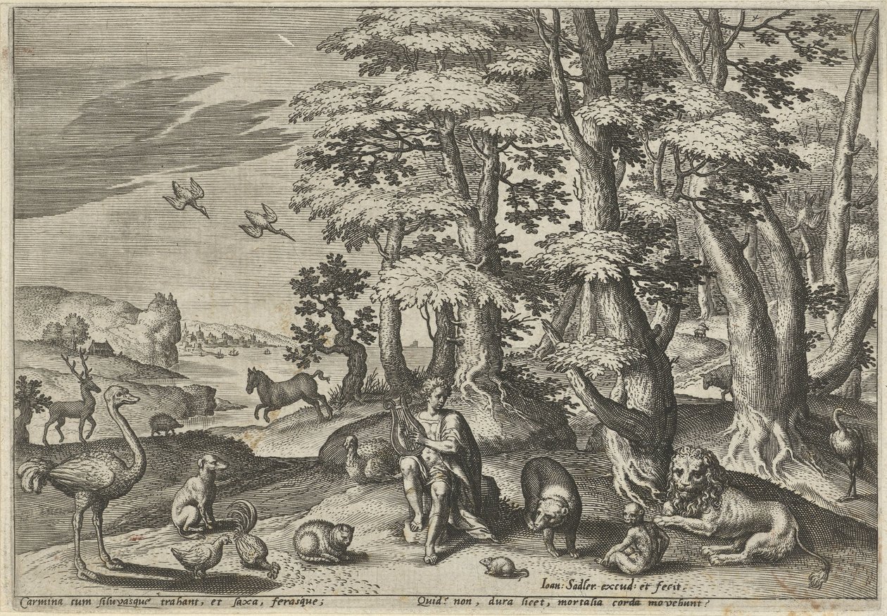 Orpheus, hayvanlar için müzik yapıyor Mitolojik sahneleri olan manzaralar (dizi adı) by Johann Sadeler (I)