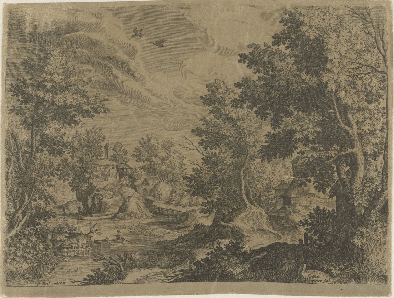 Bir kürek teknesi ile nehir manzarası by Johann Sadeler (I)