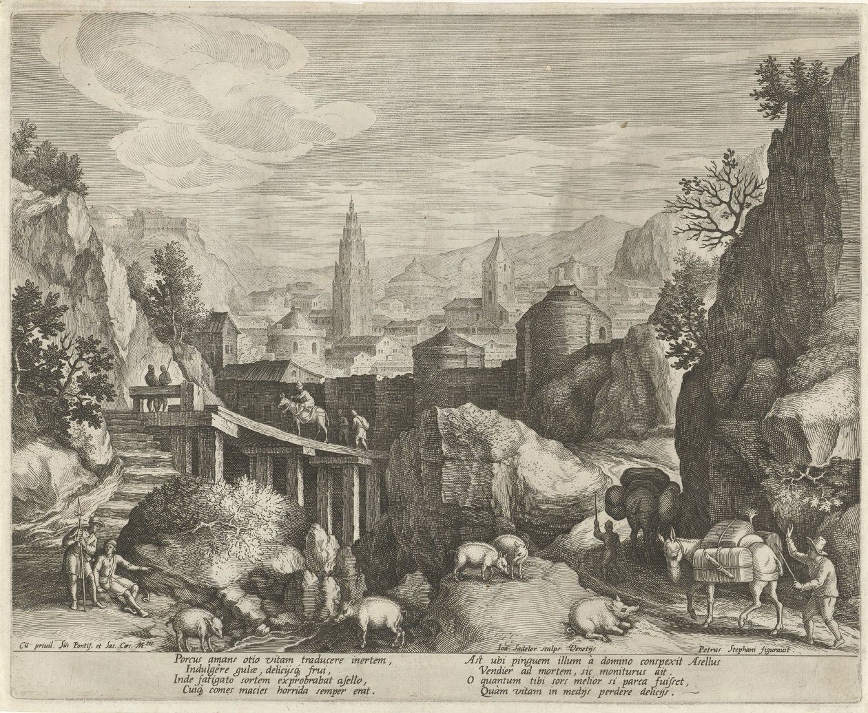 Eşek ve yaban domuzu masalı ile kayalık manzara Bir manzaradaki amblemler (seri başlığı) by Johann Sadeler (I)