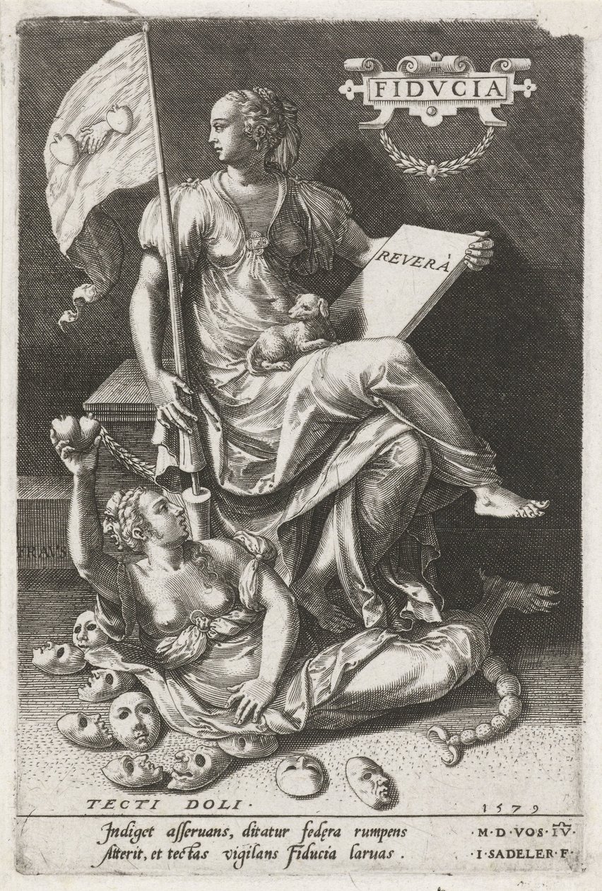 Güven (Fiducia), Gizli Aldatmacanın (Tecti doli) üstesinden gelir Fidvcia (nesne üzerindeki başlık) Erdemler kötülükleri yener (dizi başlığı) by Johann Sadeler (I)