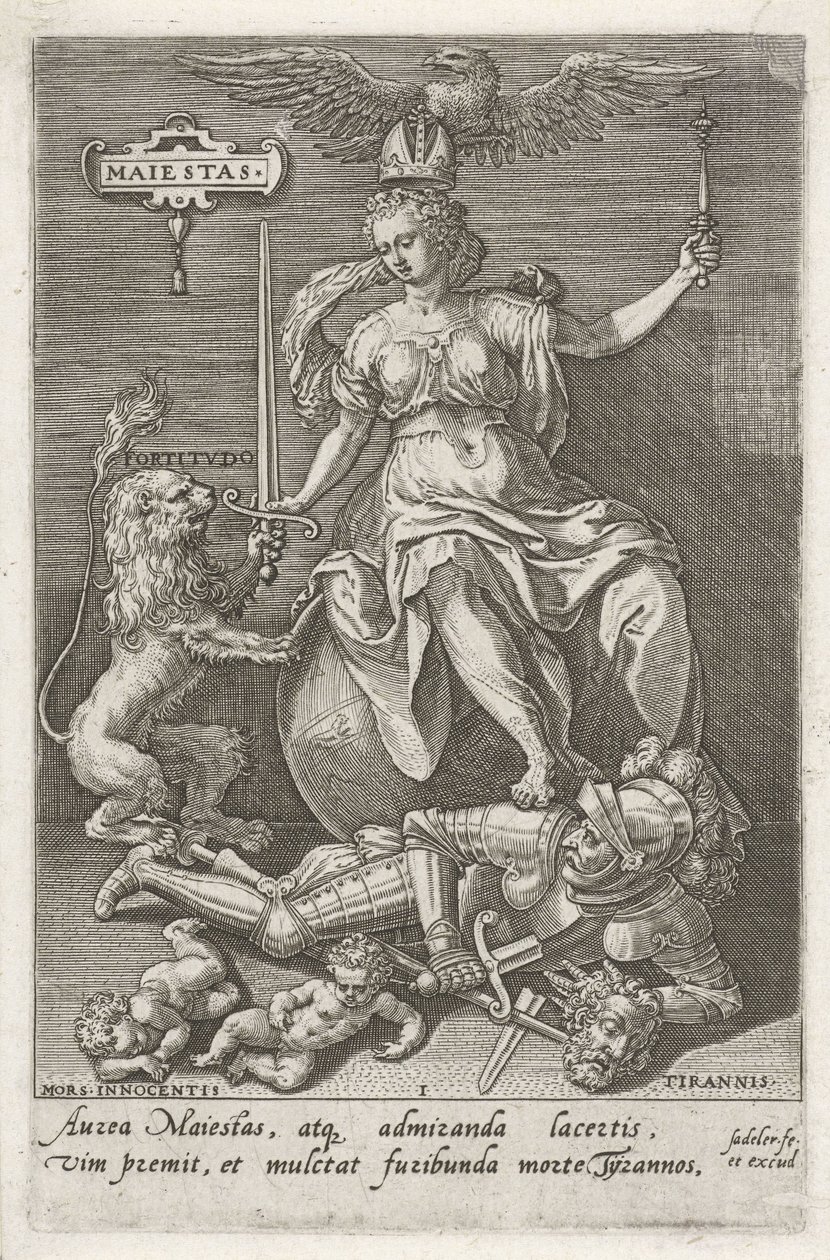 Haysiyet (Majestas) Tiranlığı (Tyrannis) yener Maiestas (nesne üzerindeki başlık) Erdemler kötülükleri yener (dizi başlığı) by Johann Sadeler (I)