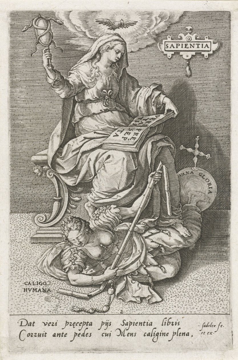 Bilgelik (Sapientia) İnsan Şaşkınlığının Üstesinden Geliyor (Caligo Humana) sapientia (nesne üzerindeki başlık) Erdemler kötülükleri yener (dizi başlığı) by Johann Sadeler (I)