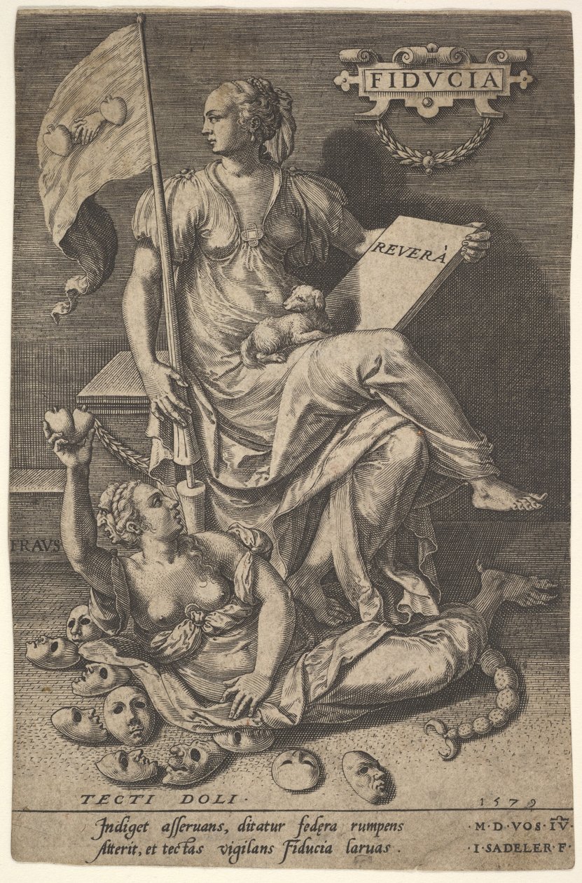 Fiducia, oturan bir kadın, bir kitap ve bir pankart tutarken başını çıplak bir brülden çevirirken..., 1579. by Johann Sadeler I
