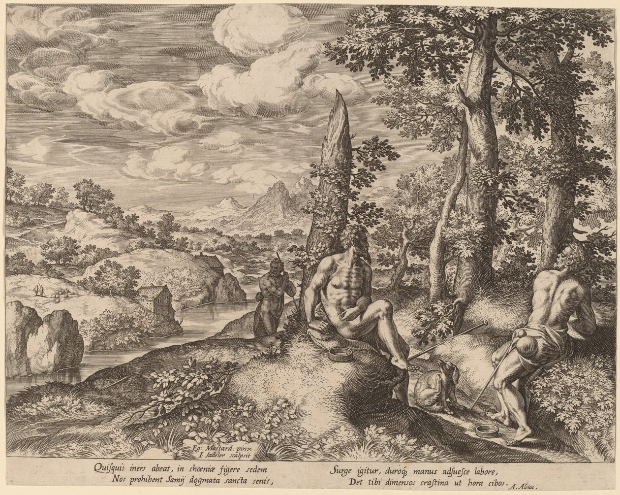 Üç Çıplak Adam ve Bir Köpek ile Manzara. by Johann Sadeler I