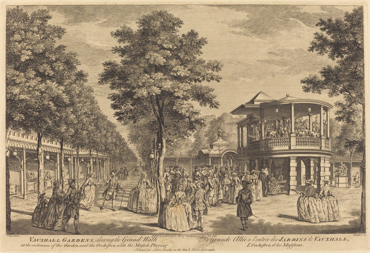 Bahçenin ve Orkestranın Girişinde Büyük Yürüyüşü gösteren Vauxhall Bahçeleri, Musick Çalma ile by Johann Sebastian Müller after Samuel Wale