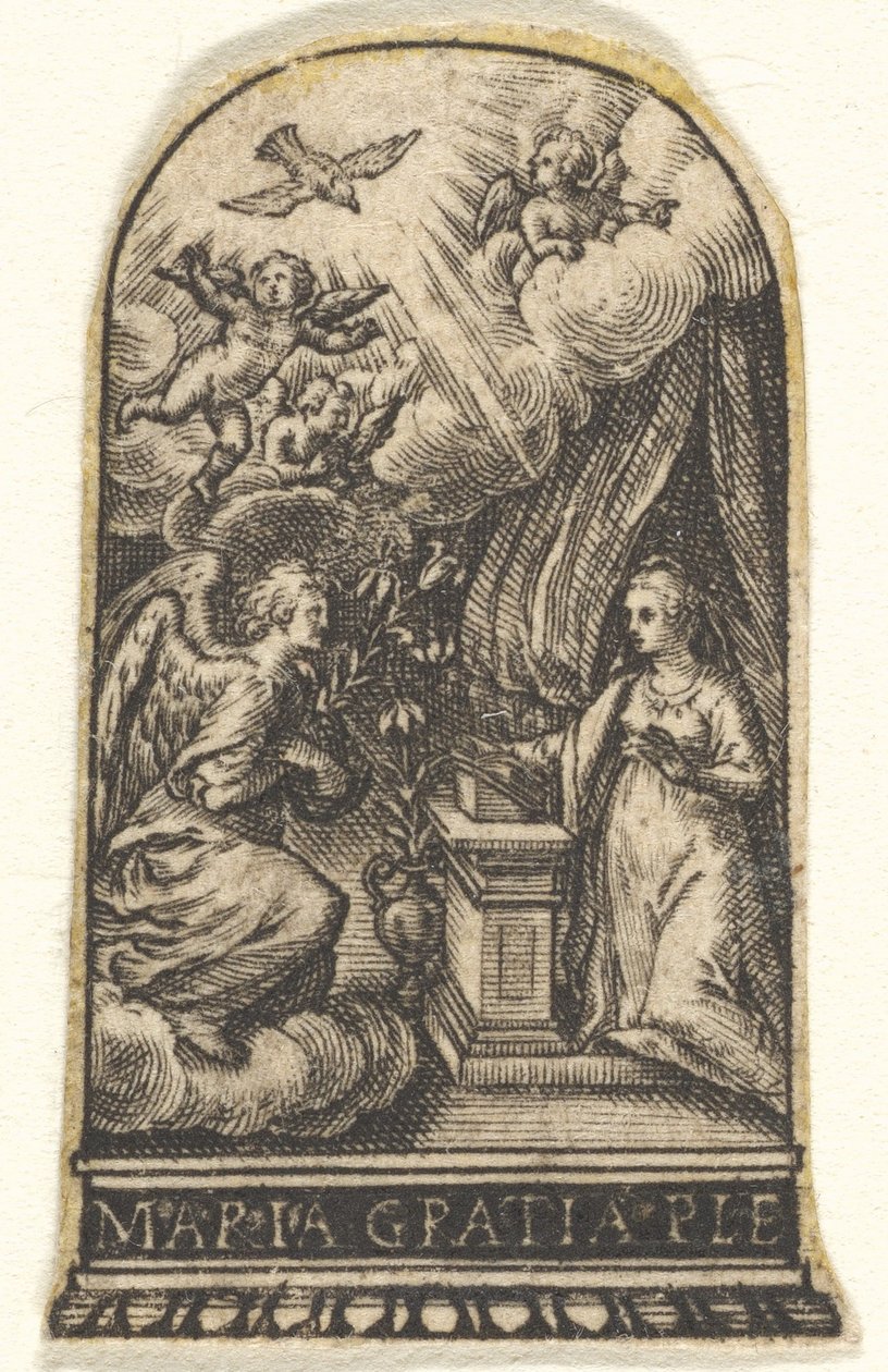 Müjde, Gabriel bir bulutun üzerine yaklaşırken Mary bir kürsüde diz çöker ..., yaklaşık. 1580-1600. by Johann Theodor de Bry