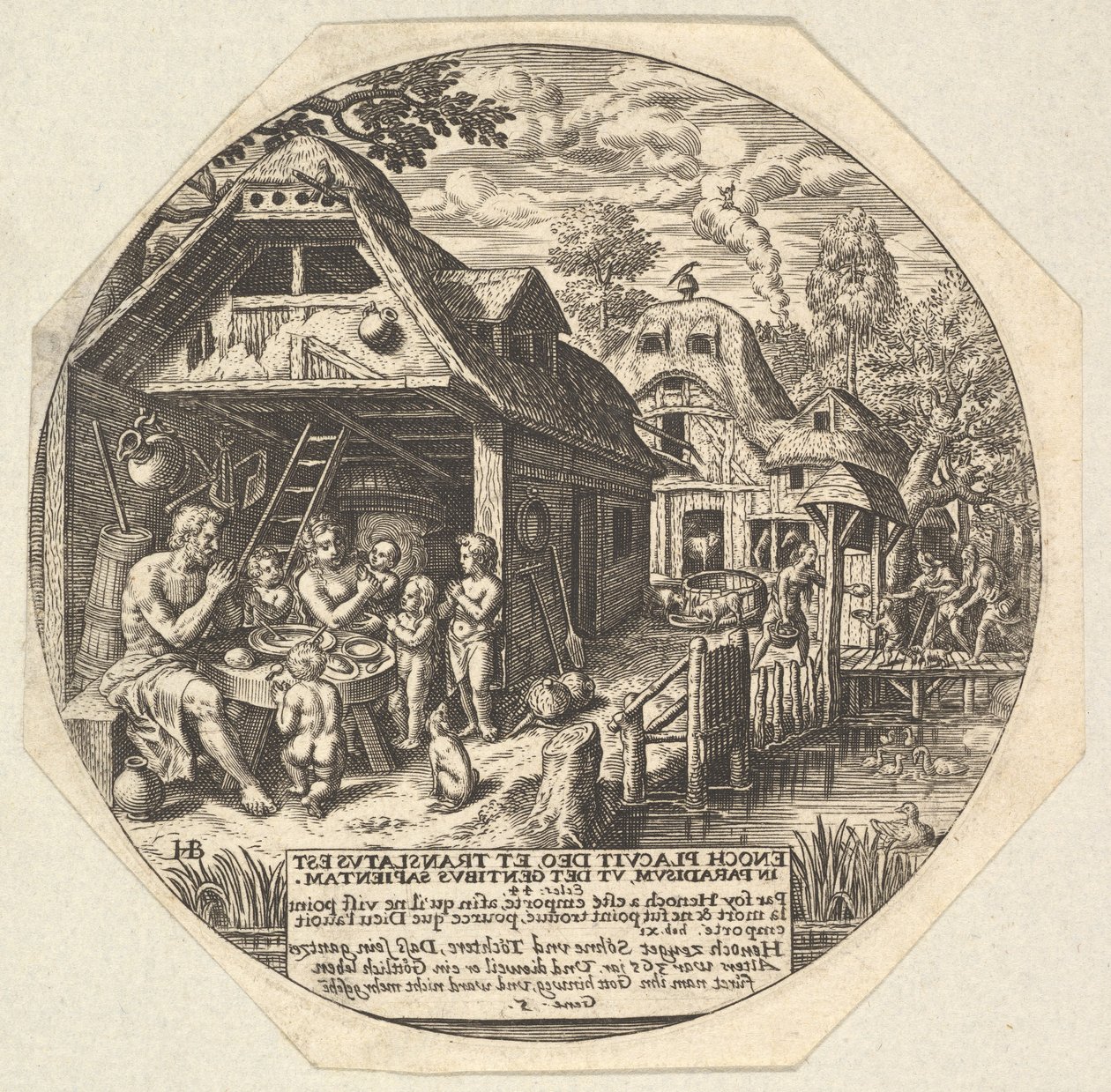 Enoch ve ailesi bir yemek masasının etrafını sarar ve ellerini bir el hareketi ile tutarlar..., yakl. 1580-1623. by Johann Theodor de Bry